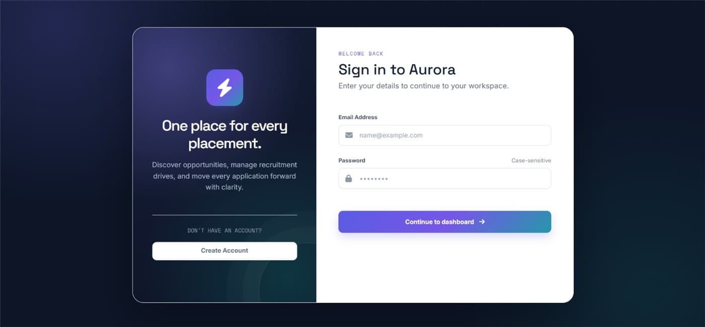 Aurora Placement Portal application screenshot